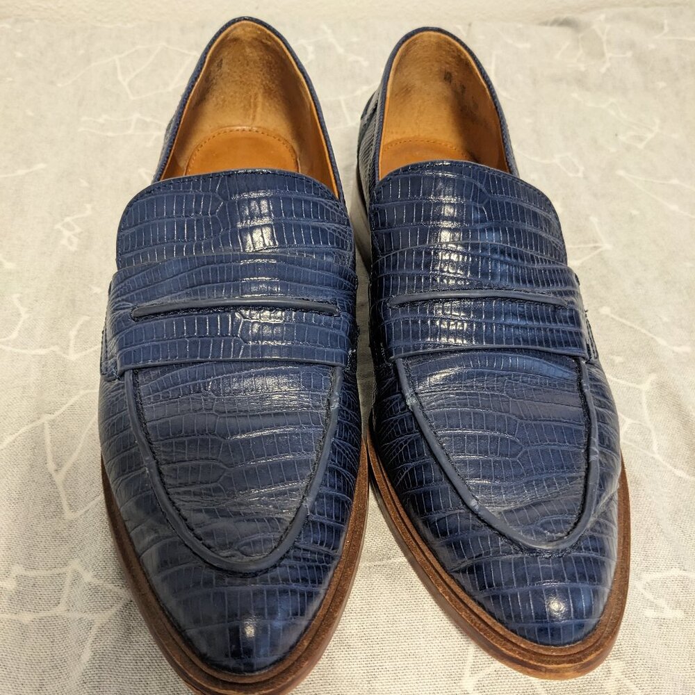 Franco Sarto Pointed Loafers - Navy Blue Crocodile Print Leather - Sz 8 (US)